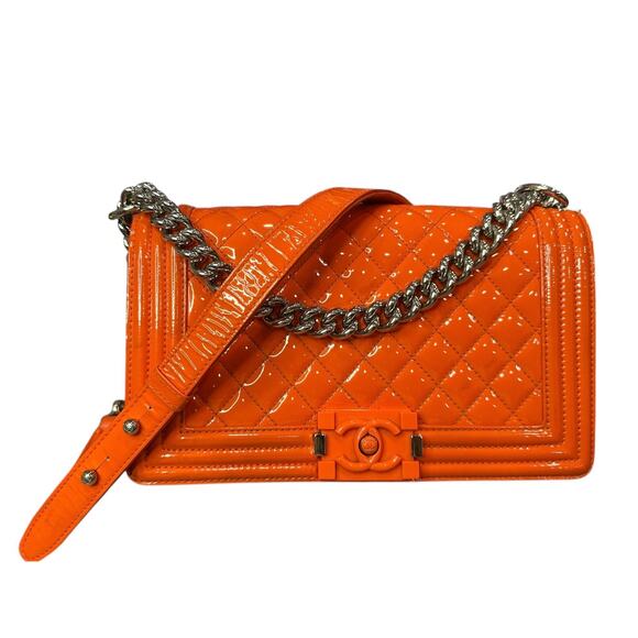 Chanel Patent Calfskin Quilted Medium Plexiglass Boy Flap Orange - Picture 1 of 8